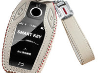 Husa piele alb pentru cheie smart cu afisaj BMW X1 X3 X5 X6 X7 F30 G20 F34 f31 G30 G01 F15 G05 I3 M4